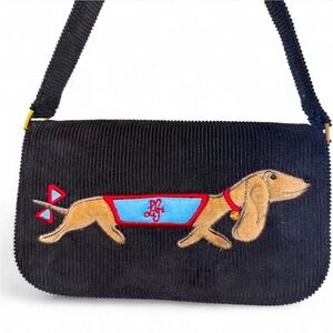 Vintage 90s / Y2K Lulu Guinness Black Shoulder Bag Embroidered Dachshund Design